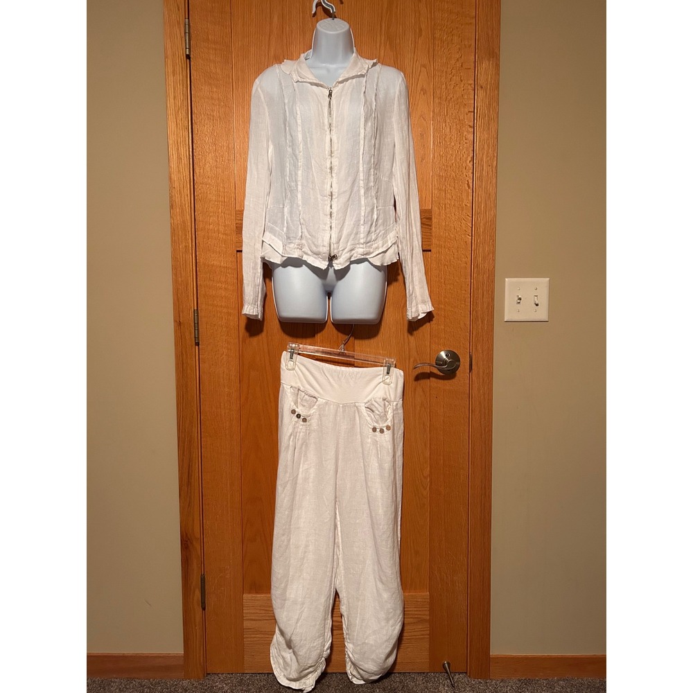 Inizio Italy White Linen Women's 2 Piece Set Zip Jacket & Wide Leg Pants Med / L